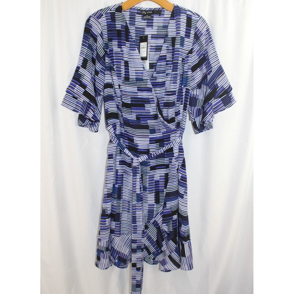 City Chic Isabella Hypnotize Print Tie Waist Faux Wrap Ruffle Dress XS/14 NWT